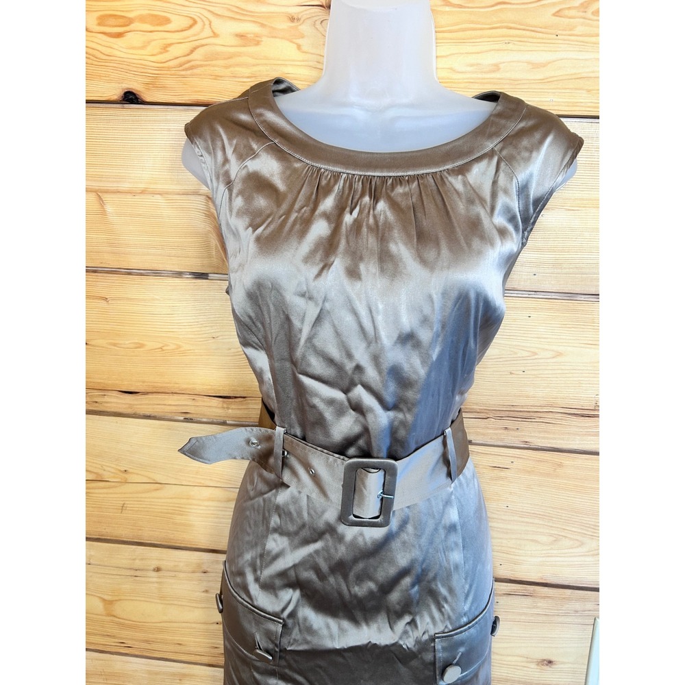 Marciano Silk Blend Belted Sheath Dress Taupe Champagne Mini Size 10 - Picture 2 of 11